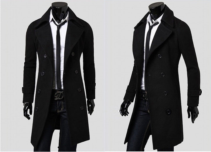 Herren taillierter zweireihiger Trenchcoat aus Wollmix mit klassischem Revers und Rückenschlitz Nord Taschen