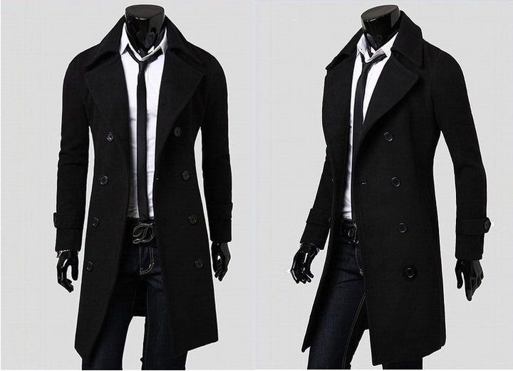 Herren taillierter zweireihiger Trenchcoat aus Wollmix mit klassischem Revers und Rückenschlitz Nord Taschen