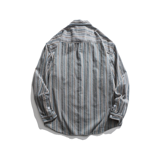 Herren Gestreiftes Leichtes Overshirt-Hemd mit Brusttasche und Kentkragen Nord Taschen
