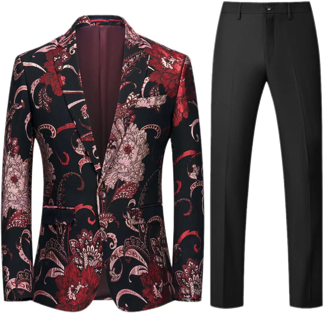 Damen Zweiteiliges Satin-Jacquard-Sakko mit floralem Muster und taillierter Passform sowie Slim-Fit Anzughose Nord Taschen