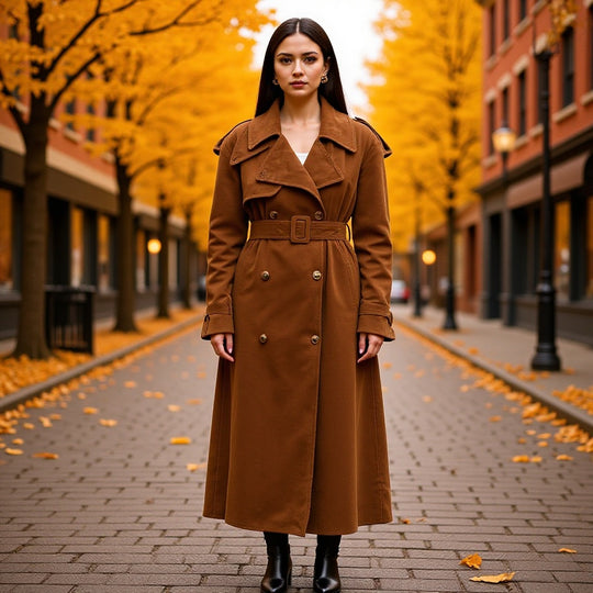 Damen Eleganter langer Taillentrenchcoat mit doppelreihiger Knopfleiste und ausgestelltem Saum Nord Taschen