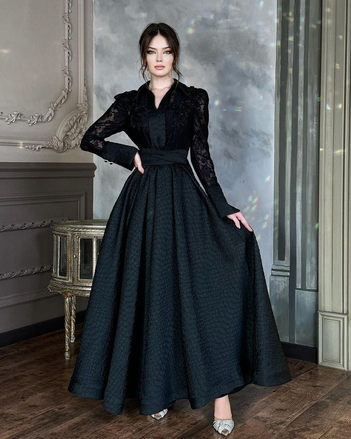Damen Elegantes Maxikleid mit Spitzenärmeln und Taillengürtel