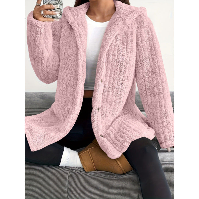 Damen Kapuzen-Teddy-Mantel mit Knopfleiste und Oversize-Schnitt Nord Taschen