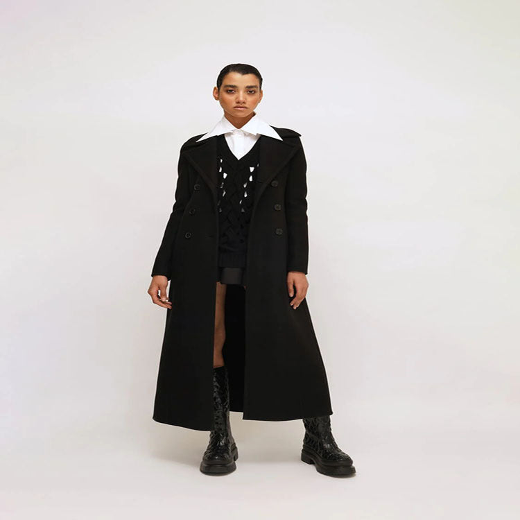 Damen Eleganter bodenlanger Wollmix‑Longcoat im Clean‑Cut Doppelreiher mit strukturierter Schulterpartie Nord Taschen
