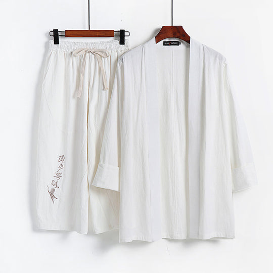 Damen Kimono-Set aus leichter Baumwollmischung offene Jacke mit lässig gekrempelten Ärmeln und weiter Haremshose mit Kordelzug Nord Taschen