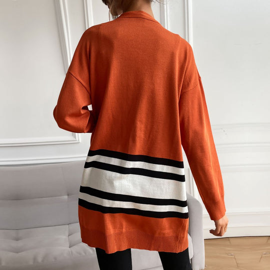 Damen Midilanger offener Feinstrick-Cardigan mit Colorblock-Streifen und aufgesetzten Taschen Nord Taschen