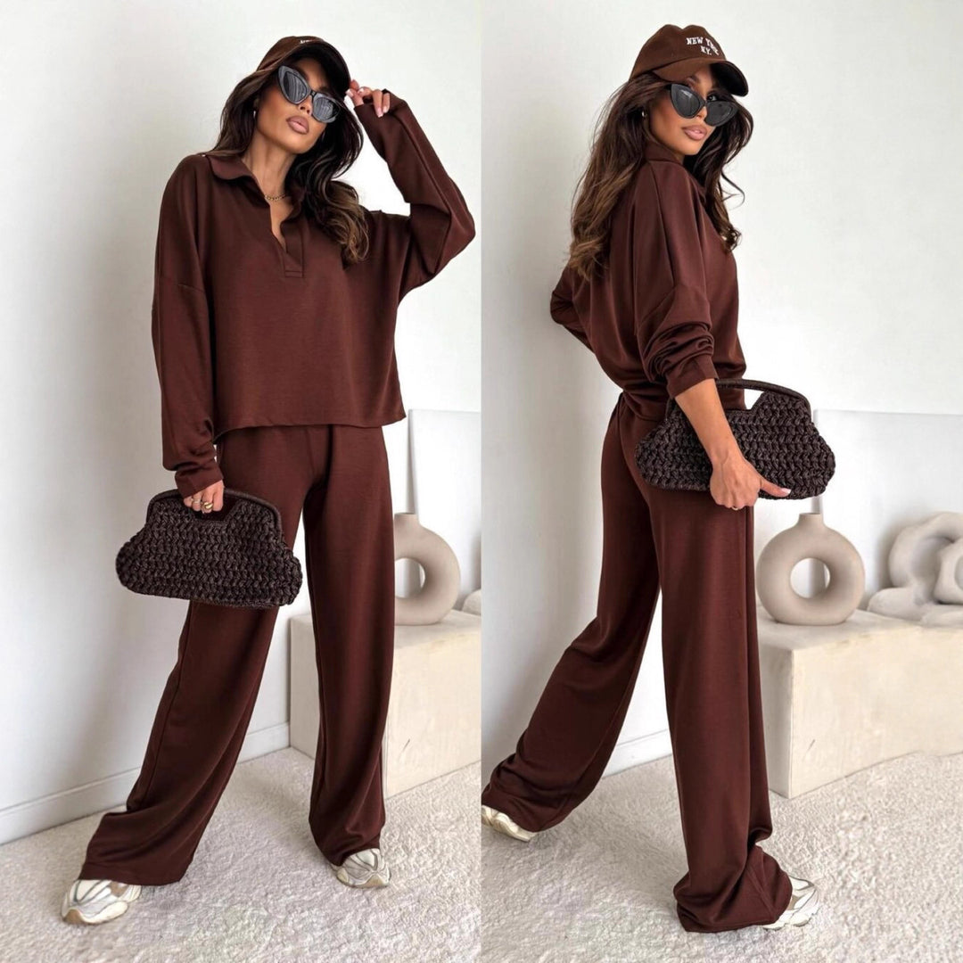 Damen Loungewear-Zweiteiler mit Hemdkragen-Cropped-Sweatshirt und weiter Palazzo-Hose Nord Taschen