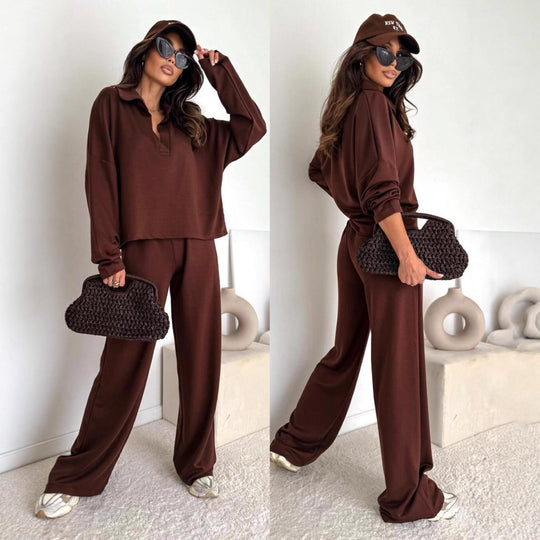 Damen Loungewear-Zweiteiler mit Hemdkragen-Cropped-Sweatshirt und weiter Palazzo-Hose Nord Taschen