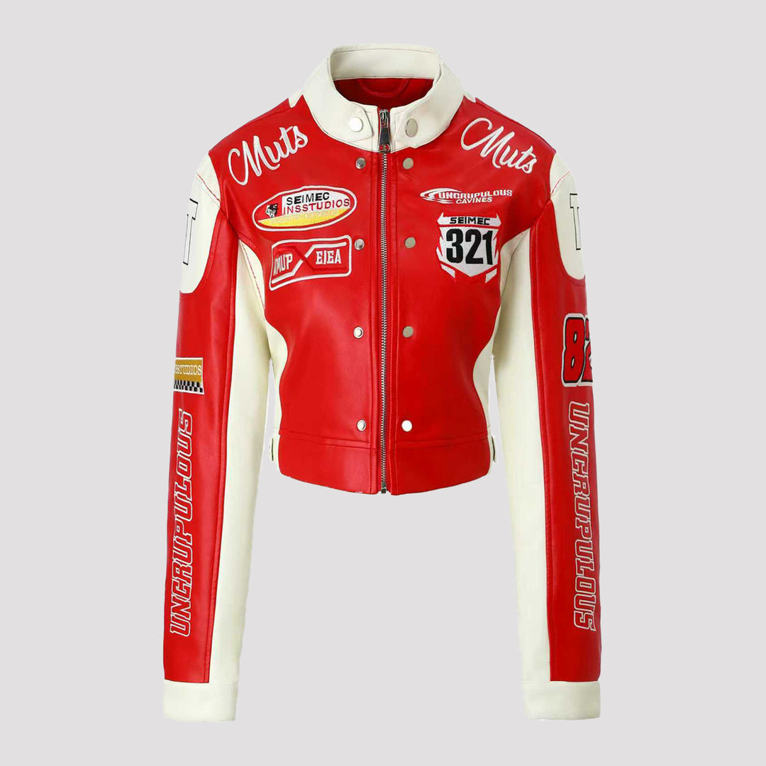 Damen Bikerjacke im Racing-Look mit gestickten Patches und kontrastierenden Ärmeln Nord Taschen