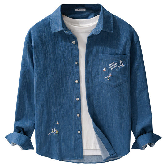 Herren Texturiertes Chambray-Overshirt mit maritimer Stickerei und Brusttasche Nord Taschen