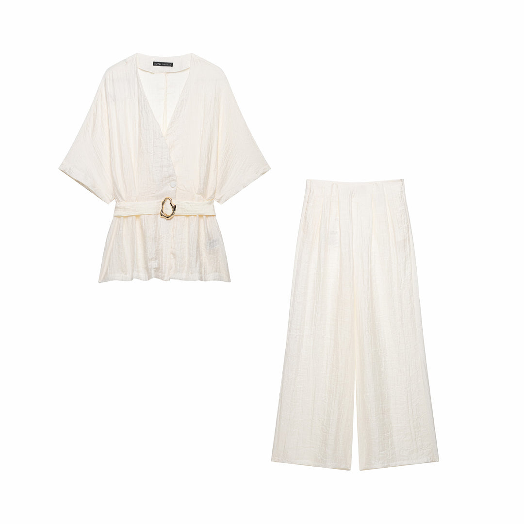 Damen Zweiteiliges Leinenoptik-Set mit Kimono-Oberteil und weiter hochtaillierter Hose Nord Taschen