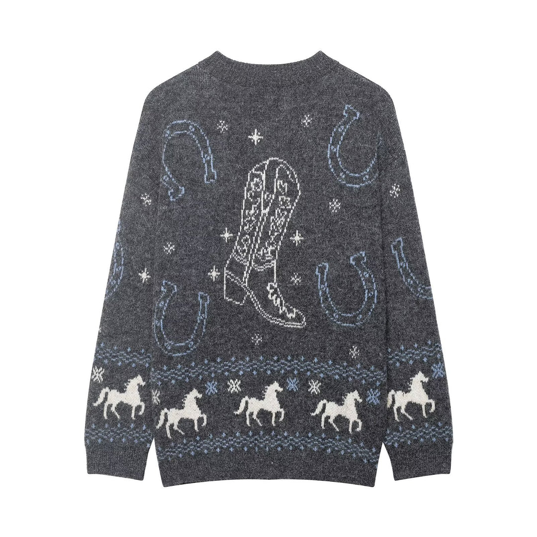 Damen Strickcardigan mit Pferde- und Hufeisen-Jacquard und Zierknöpfen Nord Taschen
