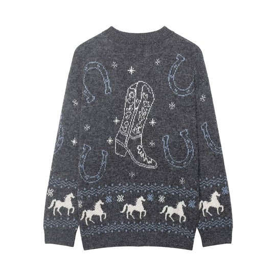 Damen Strickcardigan mit Pferde- und Hufeisen-Jacquard und Zierknöpfen Nord Taschen