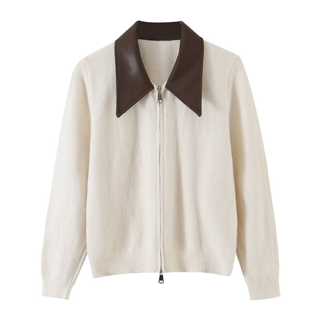 Damen Kurzer Wollmix-Cardigan mit Reißverschluss und kontrastierendem Kunstlederkragen Nord Taschen