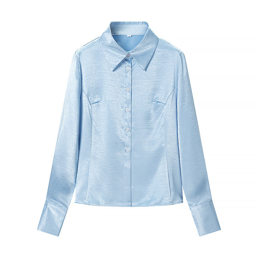 Damen Satinbluse mit taillierten Teilungsnähten, durchgehender Knopfleiste und breiten Manschetten Nord Taschen