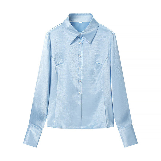 Damen Satinbluse mit taillierten Teilungsnähten, durchgehender Knopfleiste und breiten Manschetten Nord Taschen