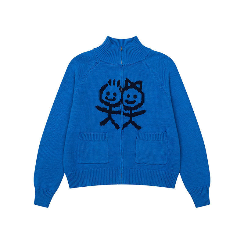 Damen Grobstrick-Zipcardigan mit Stehkragen, aufgesetzten Taschen und Cartoon-Intarsie Nord Taschen