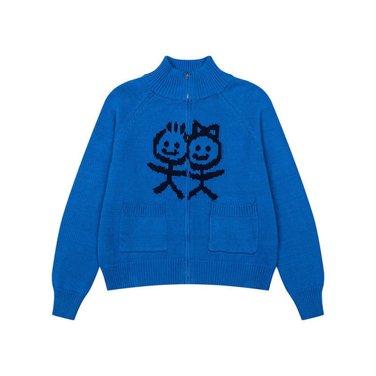 Damen Grobstrick-Zipcardigan mit Stehkragen, aufgesetzten Taschen und Cartoon-Intarsie Nord Taschen