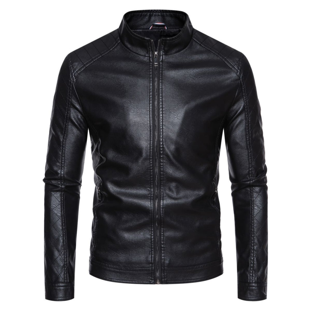 Herren taillierte Lederimitat-Bikerjacke mit Stehkragen und gesteppter Ärmeldetail Nord Taschen