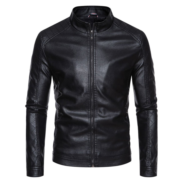 Herren taillierte Lederimitat-Bikerjacke mit Stehkragen und gesteppter Ärmeldetail Nord Taschen