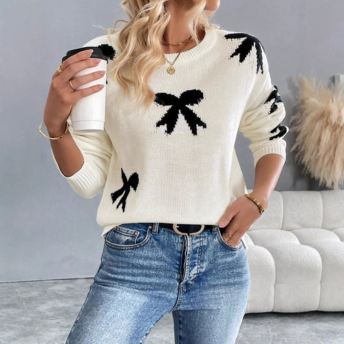 Damen Gestrickter Rundhals-Pullover mit Schleifen-Jacquard und relaxed Fit Nord Taschen