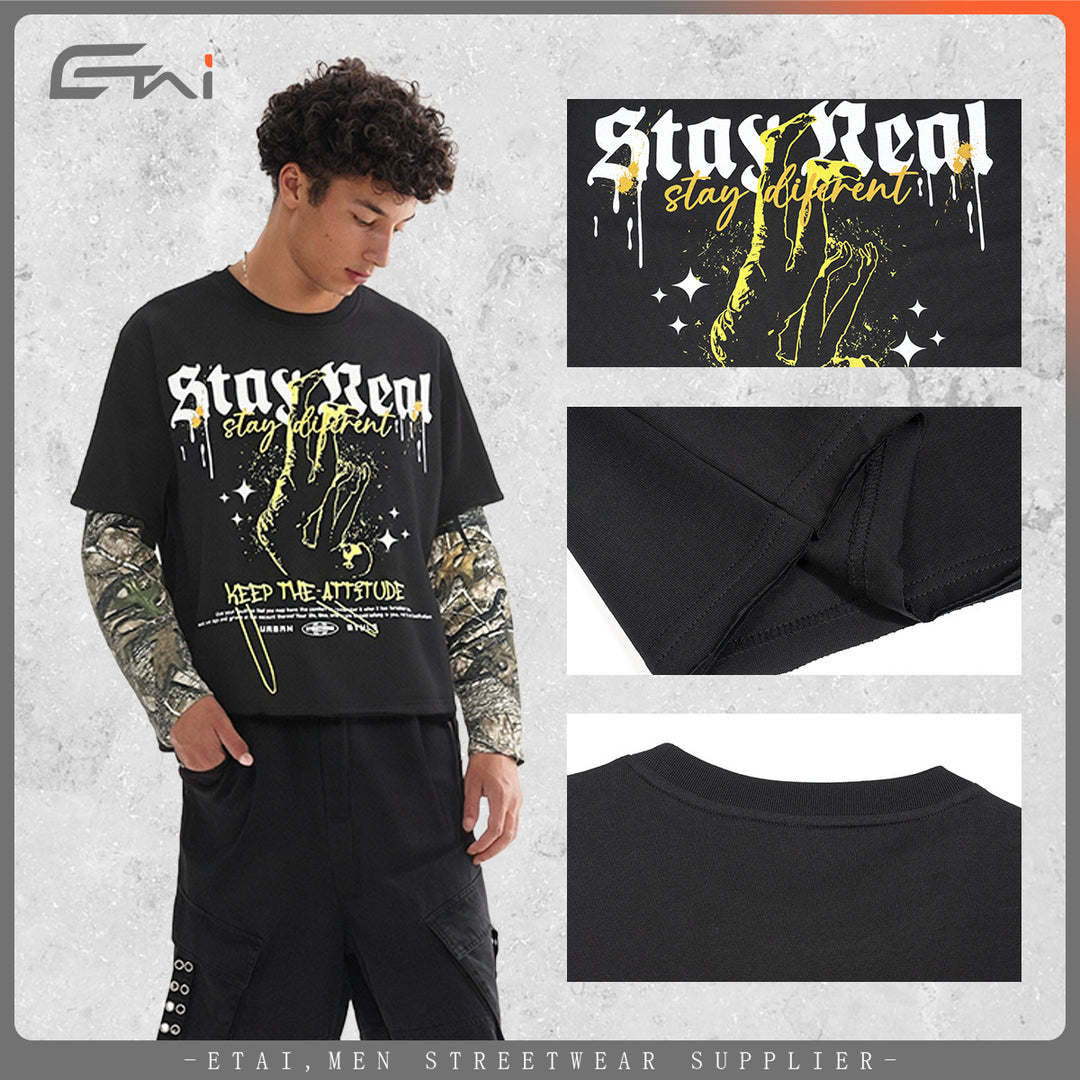 Herren Lagen-Langarm-T-Shirt mit Camouflage-Innensärmeln und Gothic-Print Nord Taschen