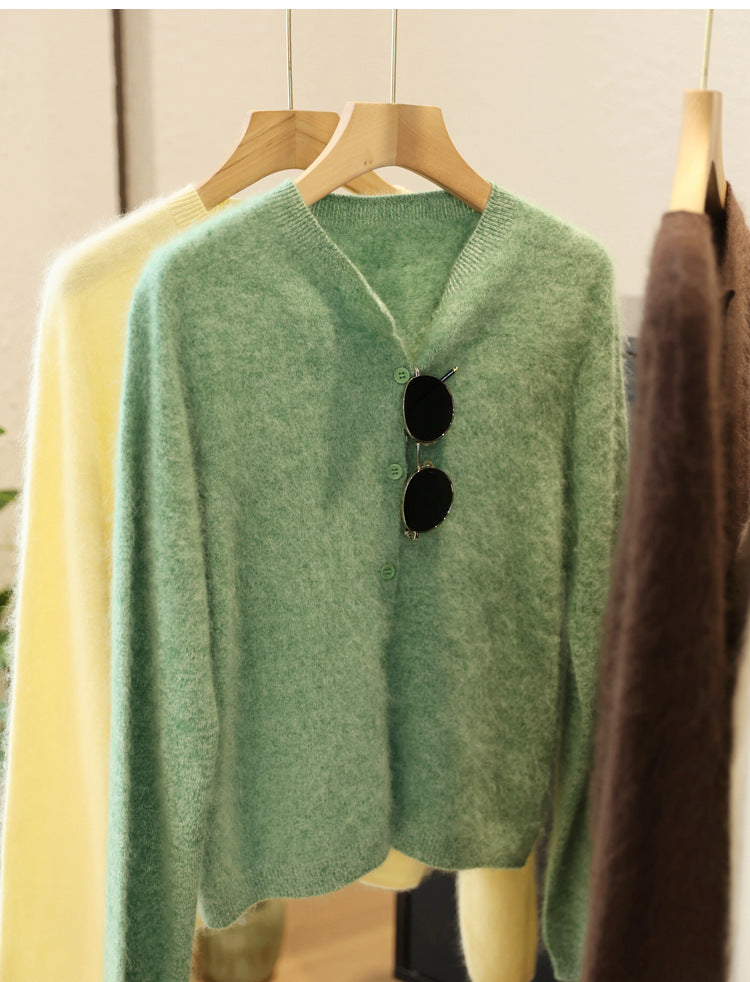 Damen Flauschiger Mohair-Optik Knopf-Cardigan mit Rundhalsausschnitt Nord Taschen