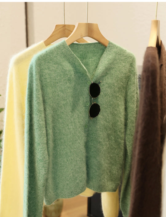 Damen Flauschiger Mohair-Optik Knopf-Cardigan mit Rundhalsausschnitt Nord Taschen