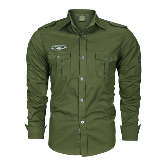 Herren Militärisches Baumwollhemd mit Schulterklappen, Pattentaschen und Stickpatches Nord Taschen