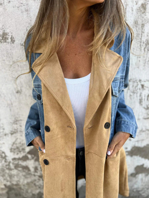 Damen Oversize Jeans-Blazer mit kontrastierendem Wildleder-Einsatz und doppelter Knopfreihe Nord Taschen