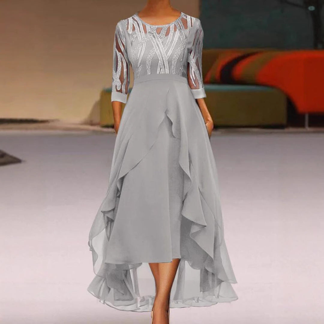 Damen nan edles Chiffon-Abendkleid mit besticktem Tülloberteil, Dreiviertelärmeln und asymmetrischem Stufen-Saum Nord Taschen