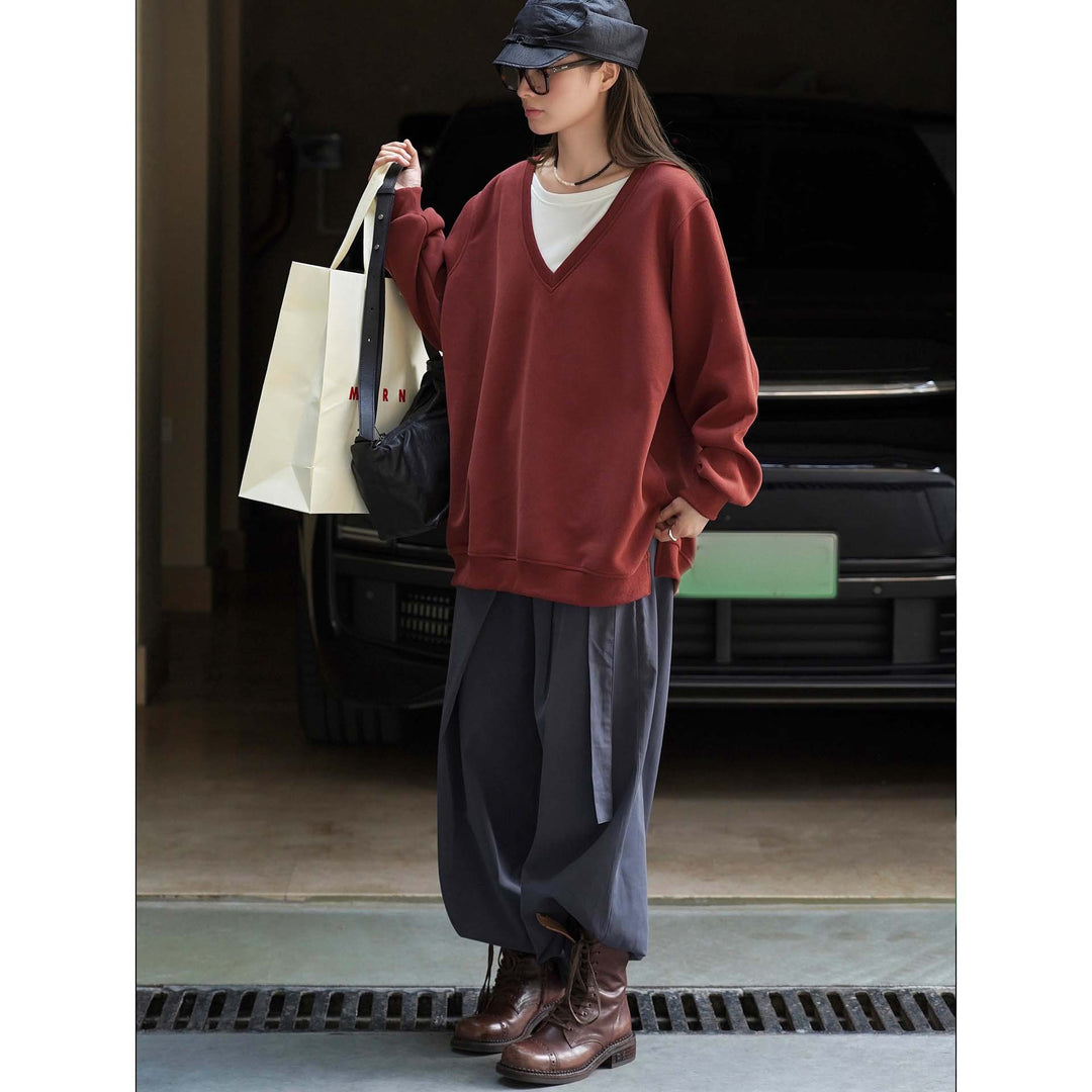 Damen V-Ausschnitt Sweatshirt im Relaxed‑Fit aus Baumwollmix Nord Taschen