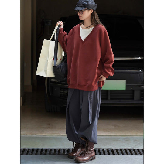 Damen V-Ausschnitt Sweatshirt im Relaxed‑Fit aus Baumwollmix Nord Taschen