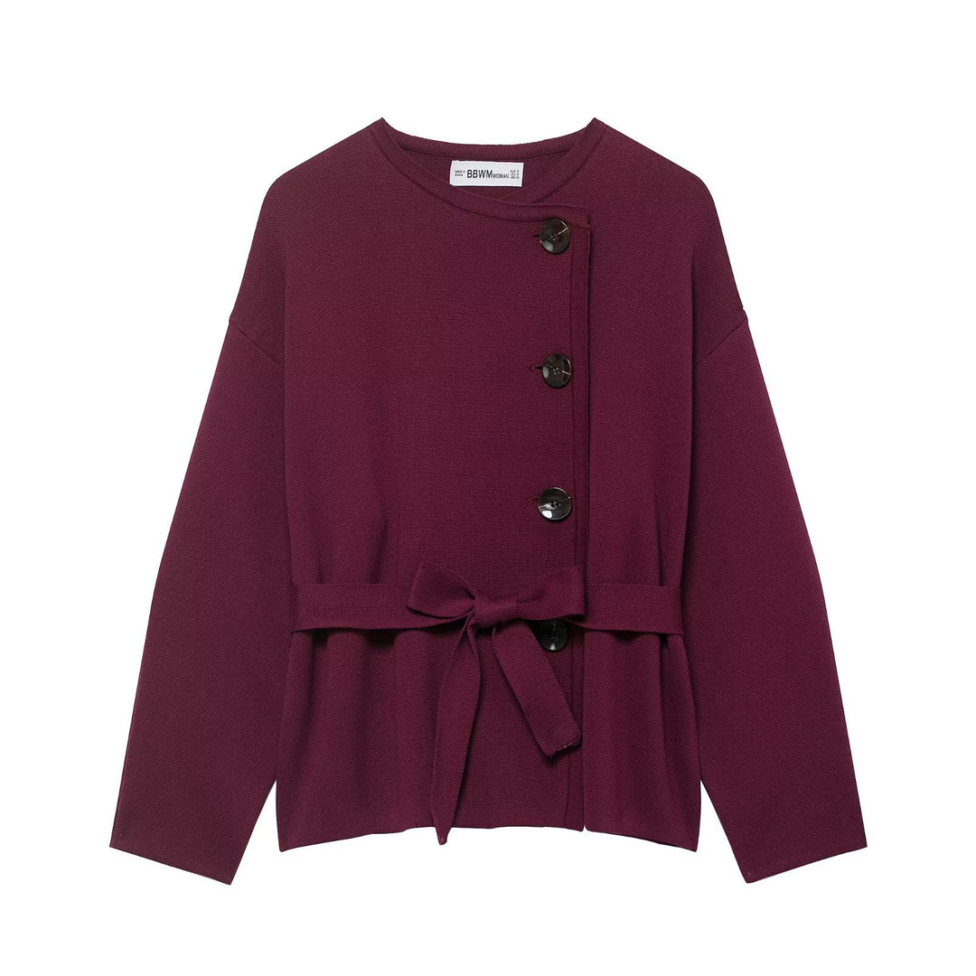 Damen Strickjacke mit asymmetrischer Knopfblende und Taillengürtel Nord Taschen