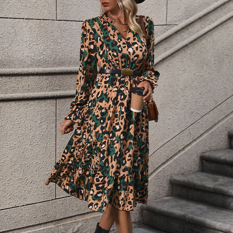 Damen Wickel-Midikleid mit Leopardenmuster, Stufenrock und elastischer Taillenpassform Nord Taschen