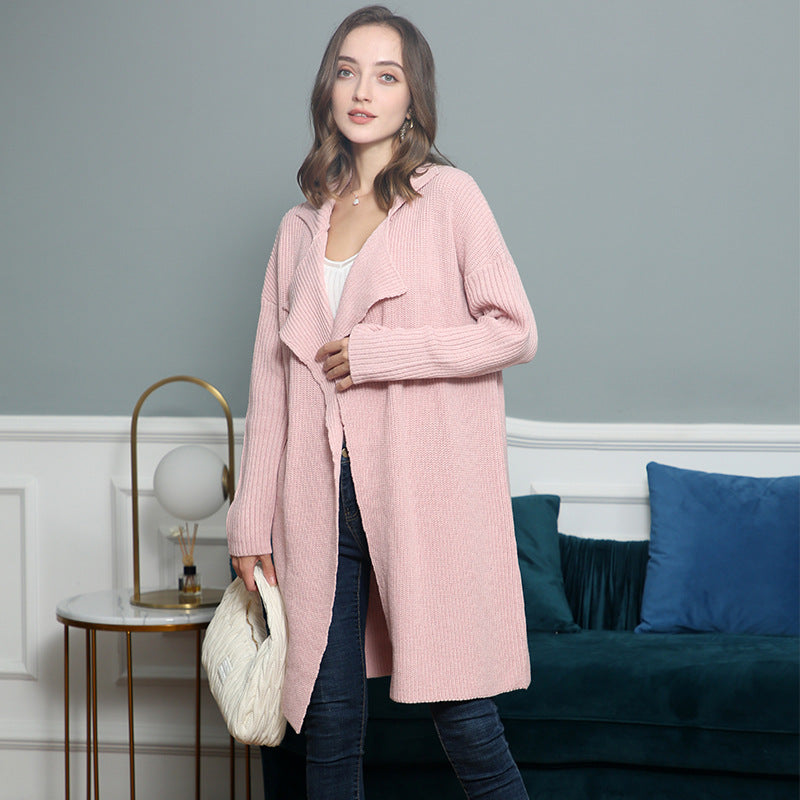 Damen langer offener Rippstrick-Cardigan mit weitem Schalkragen Nord Taschen