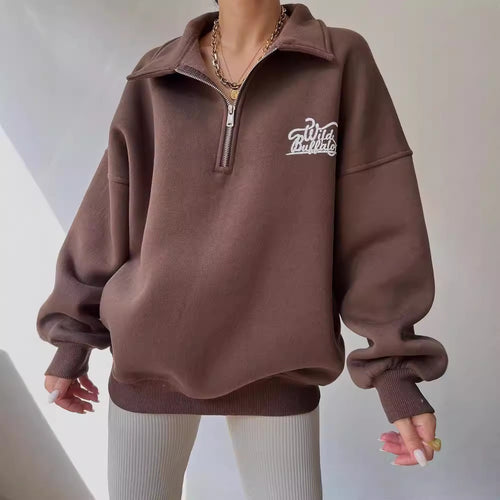 Damen Oversized Halbzip-Sweatshirt mit Stehkragen und gesticktem Logo Nord Taschen