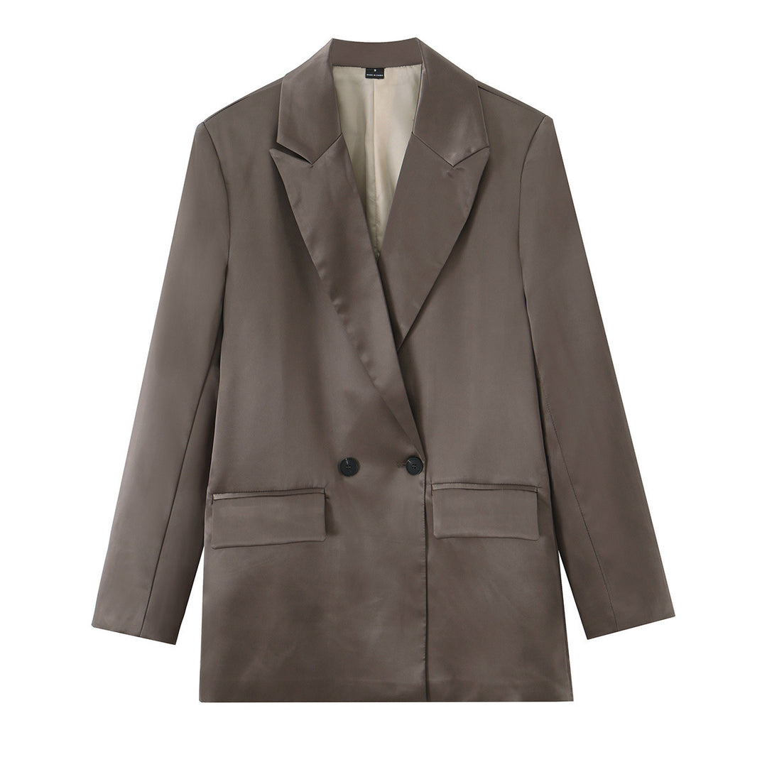 Damen Satin-Longblazer mit doppelreihiger Knopfleiste, Schalkragen und Pattentaschen Nord Taschen