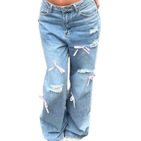 Damen High-Waist Baggy-Jeans mit Vintage-Waschung, Rissen und rosa Schleifenapplikationen Nord Taschen