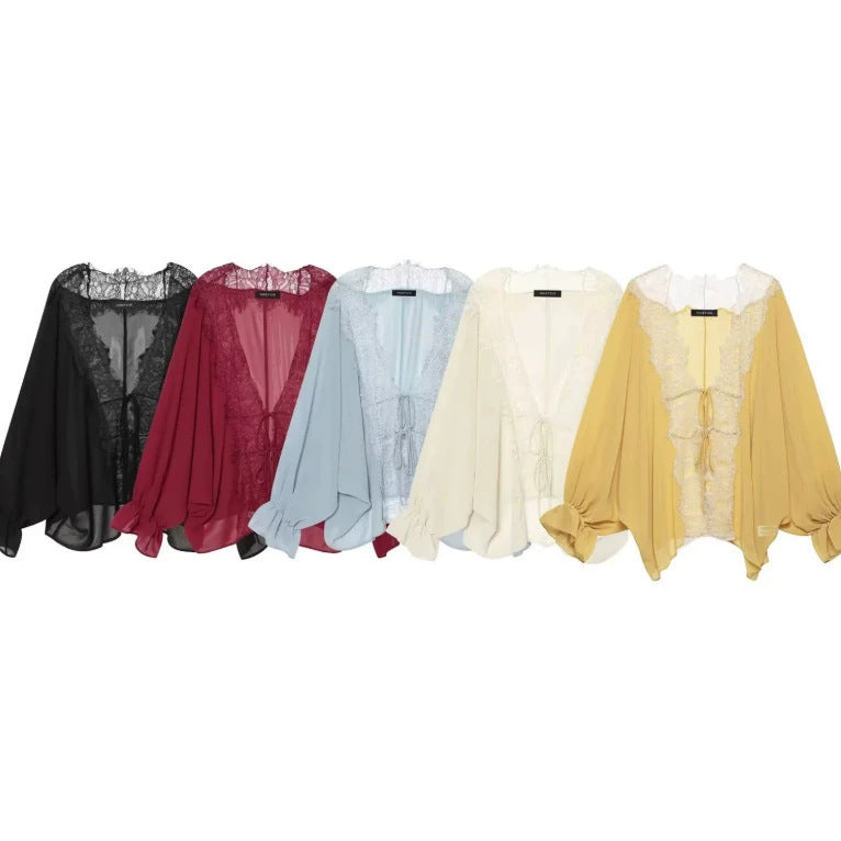 Damen Transparenter Chiffonkimono mit Spitzenbesatz und Volumenärmeln Nord Taschen