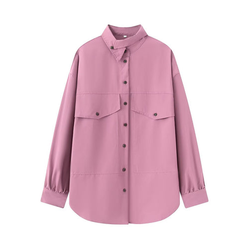 Damen Oversize-Hemdbluse-Jacke mit Pattentaschen und Stehkragen Nord Taschen