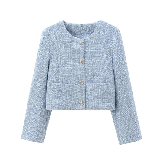 Damen elegante Kurzjacke im strukturierten Tweed-Stil mit praktischen Taschen