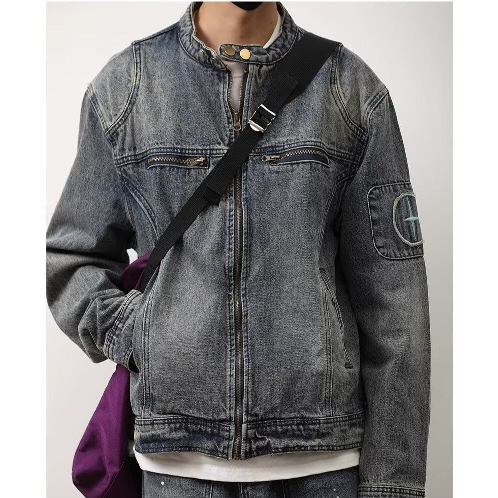 Herren Jeansjacke im Vintage‑Wash mit Stehkragen und Reißverschluss Nord Taschen