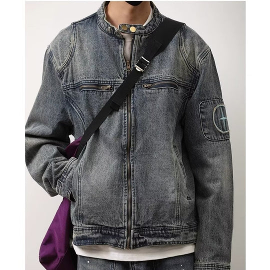 Herren Jeansjacke im Vintage‑Wash mit Stehkragen und Reißverschluss Nord Taschen