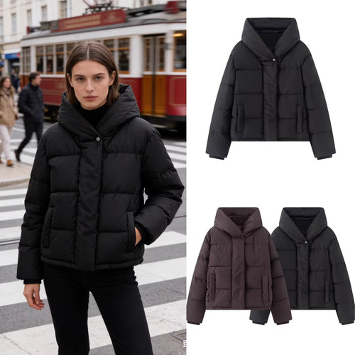 Damen Kurz geschnittene gesteppte Pufferjacke mit hohem Stehkragen und verdeckter Druckknopfleiste Nord Taschen