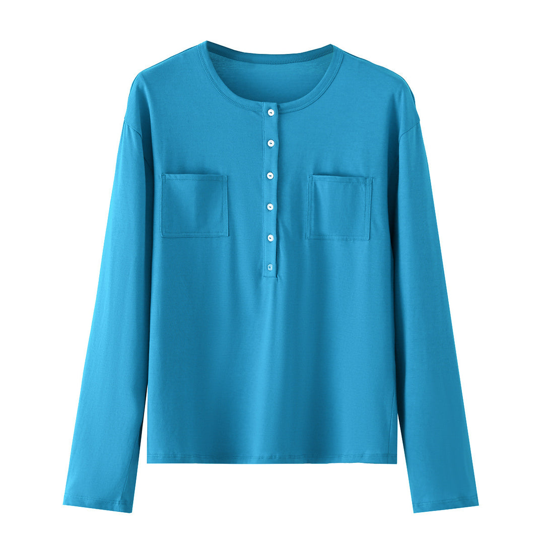 Damen Langarm-Henleyshirt mit Knopfleiste und aufgesetzten Brusttaschen Nord Taschen