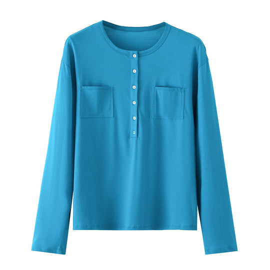 Damen Langarm-Henleyshirt mit Knopfleiste und aufgesetzten Brusttaschen Nord Taschen