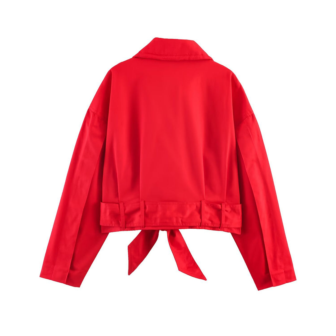 Damen Kurzblouson mit Taillengürtel, großem Hemdkragen und Kordelzug Nord Taschen