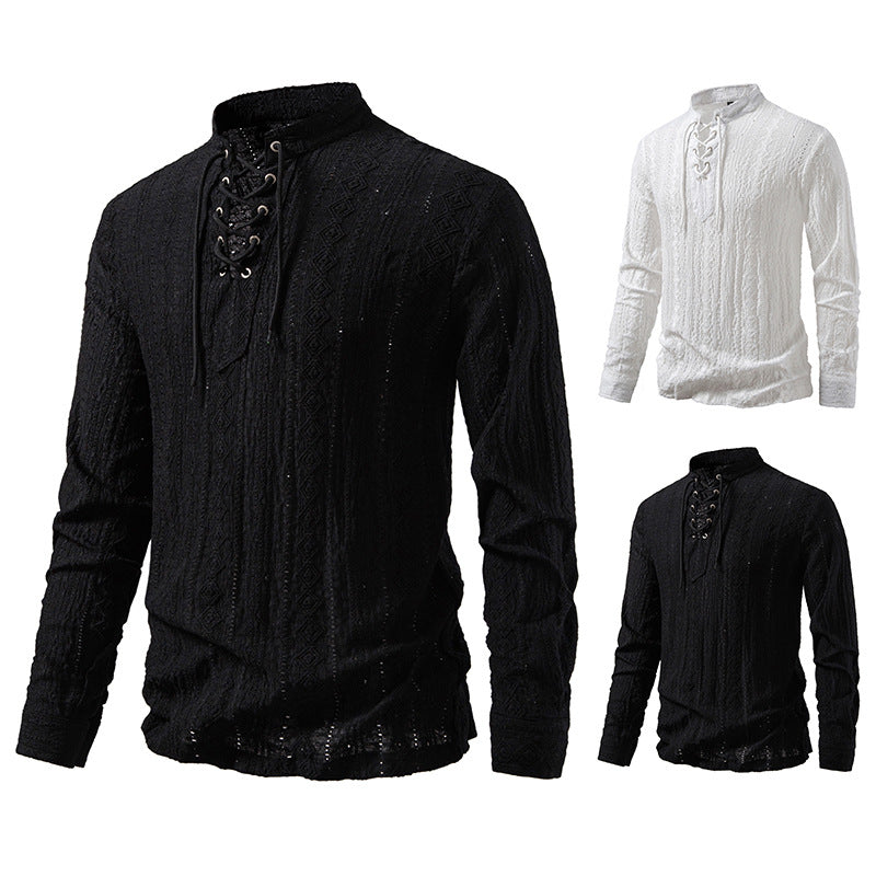 Herren Feinstruktur Henley-Langarmshirt mit Schnürung und Stehkragen Nord Taschen