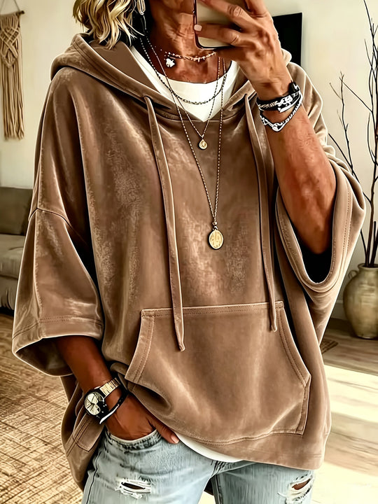 Damen Oversize Samt-Hoodie mit halblangen Ärmeln und Kängurutasche Nord Taschen